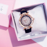 Women Starry Sky Watch Luxury Rose Gold Diamond Watches Ladies Casual Leather Band Quartz Wristwatch Female Clock zegarek damski - Black