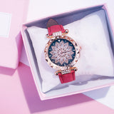Women Starry Sky Watch Luxury Rose Gold Diamond Watches Ladies Casual Leather Band Quartz Wristwatch Female Clock zegarek damski - Red