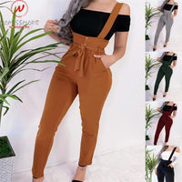 Women Streetwear Long Pants Bandage Design Button Pockets Decor High Waist Pencil Pants Lady Slim Hips Shoulder Straps Trousers - DRE's Electronics and Fine Jewelry