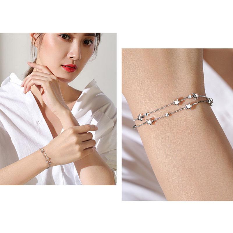 DAIWUJAN 925 Sterling Silver Double Layers Stars Beads Bracelets For Women Elegant Box Chain Charm Bracelet Birthday Party Gift - DRE's Electronics and Fine Jewelry