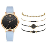Watch Set Women 5pcs Woman Quartz Wristwatch Leather Ladies Bracelet Luxury Casual Relogio Femenino Gift For Girlfriend - Sky Blue - Watches