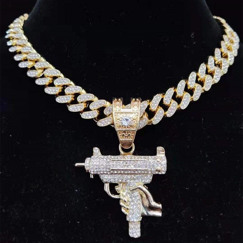 Men Women Hip Hop Iced Out Bling submachine gun Pendant Necklace 13mm Miami Cuban Chain HipHop Necklaces Fashion Charm Jewelry - DRE's Electronics and Fine Jewelry