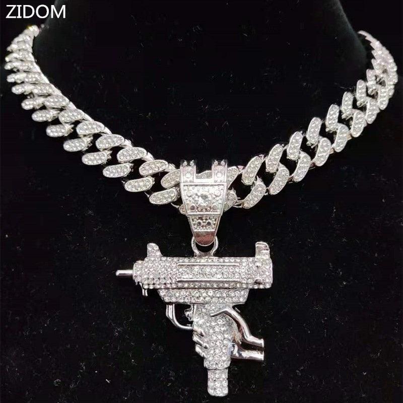 Men Women Hip Hop Iced Out Bling submachine gun Pendant Necklace 13mm Miami Cuban Chain HipHop Necklaces Fashion Charm Jewelry - DRE's Electronics and Fine Jewelry