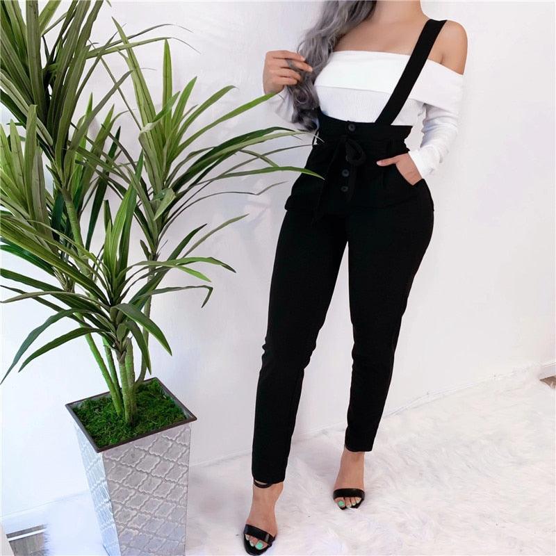 Women Streetwear Long Pants Bandage Design Button Pockets Decor High Waist Pencil Pants Lady Slim Hips Shoulder Straps Trousers - DRE's Electronics and Fine Jewelry