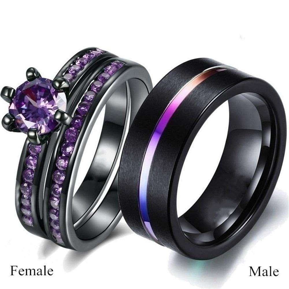 Fashion Jewelry Luxury Dark Purple Zirconia Stainless Steel Couple Ring Engagement Valentine's Day Gift