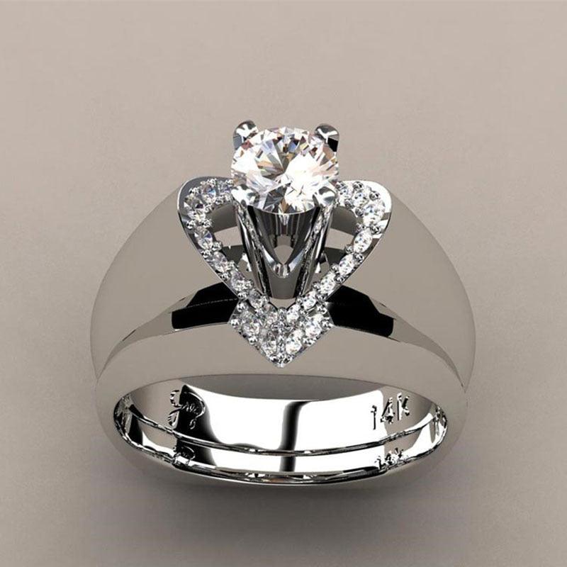 2 Pcs/Set Luxury AAA White Zircon Heart Wedding Double Rings For Women Designer Female Jewelry Engagement Party Valentine Gifts