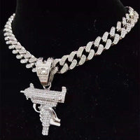 Men Women Hip Hop Iced Out Bling submachine gun Pendant Necklace 13mm Miami Cuban Chain HipHop Necklaces Fashion Charm Jewelry - DRE's Electronics and Fine Jewelry