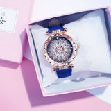 Women Starry Sky Watch Luxury Rose Gold Diamond Watches Ladies Casual Leather Band Quartz Wristwatch Female Clock zegarek damski - Blue