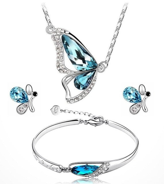 Butterfly Jewelry Sets Necklace Earring Bracelet - Blue