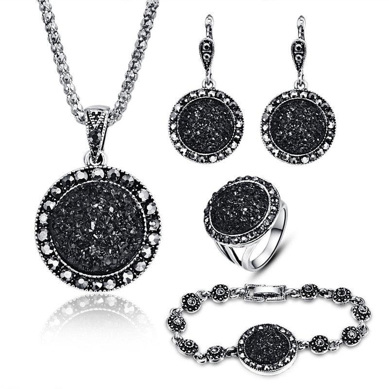 Vintage Black Jewelry Set Crystal Round Stone Pendant Necklace