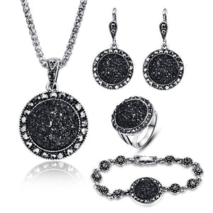 Vintage Black Jewelry Set Crystal Round Stone Pendant Necklace - 17 - Sets