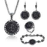 Vintage Black Jewelry Set Crystal Round Stone Pendant Necklace - Sets