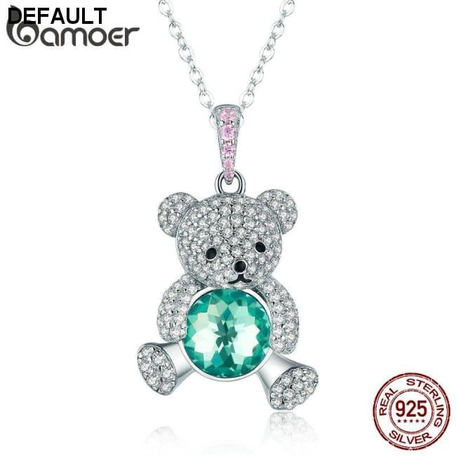 BAMOER Trendy 925 Sterling Silver Pendant Crystal Cute Bear Green CZ Necklaces for Women Silver Necklace Jewelry Gift SCN265