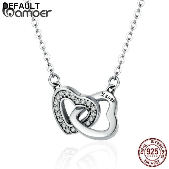 BAMOER Valentine Day Gift 925 Sterling Silver Connected Heart Couple Heart Pendant Necklace for Girlfriend Silver Jewelry SCN181