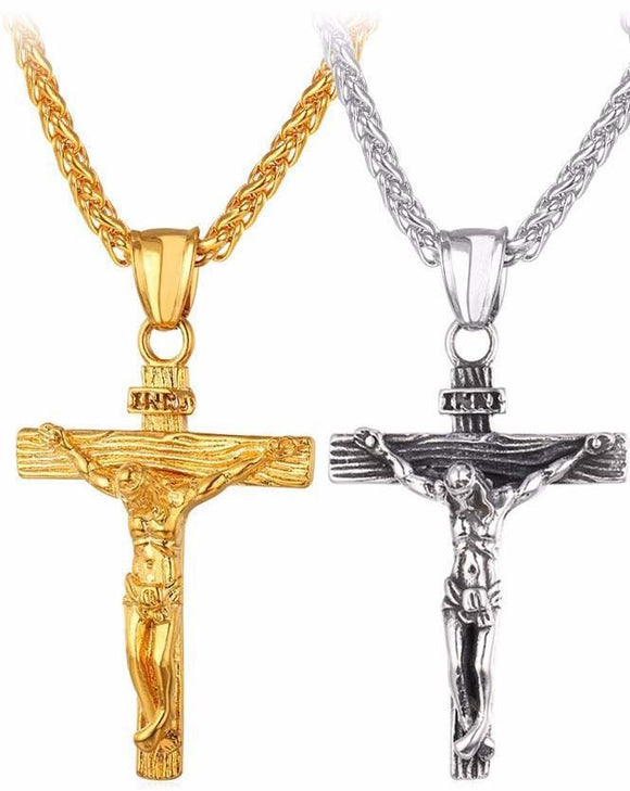 Men Chain Christian Jewelry Gifts Vintage Cross INRI Crucifix Jesus Piece Pendant & Necklace Gold Color Stainless Steel