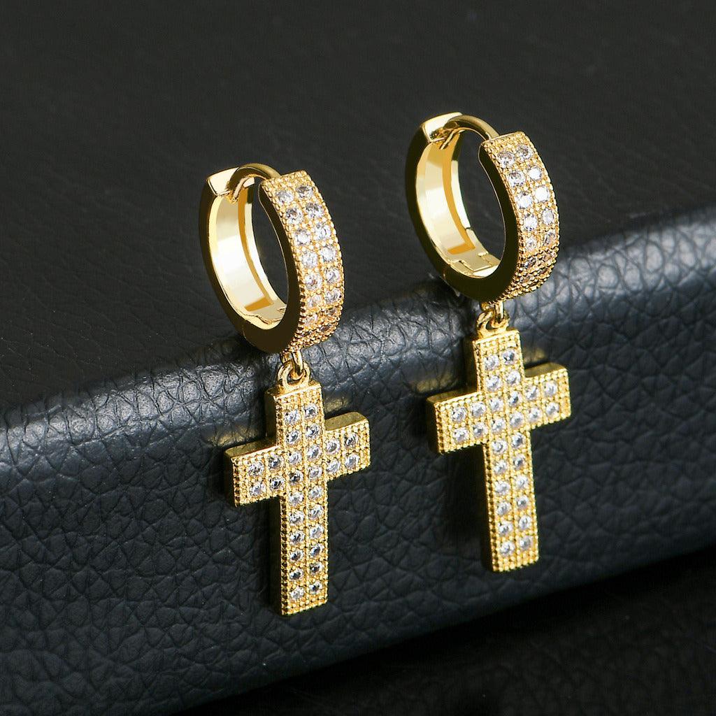 Double Row Zircon Cross Earrings Micro-set Zircon Hiohop Personalized Men's Earrings - DRE's Electronics and Fine Jewelry