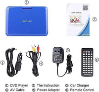 DBPOWER 12" Portable DVD Player with 5-Hour Rechargeable Battery, 10" Swivel Display Screen, SD / USB Port, with 1.8 Meter Car Charger, Power Adaptor and Car Headrest Mount, Region Free- Blue