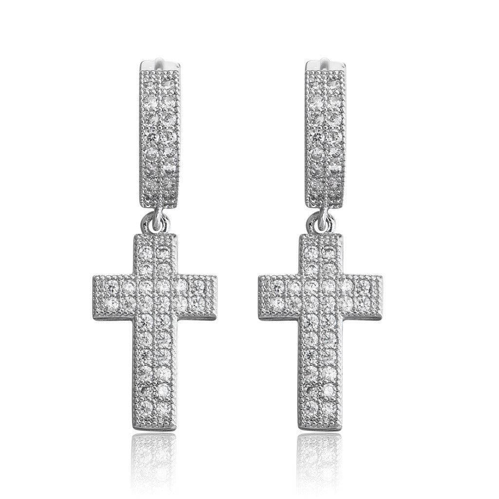 Double Row Zircon Cross Earrings Micro-set Zircon Hiohop Personalized Men's Earrings