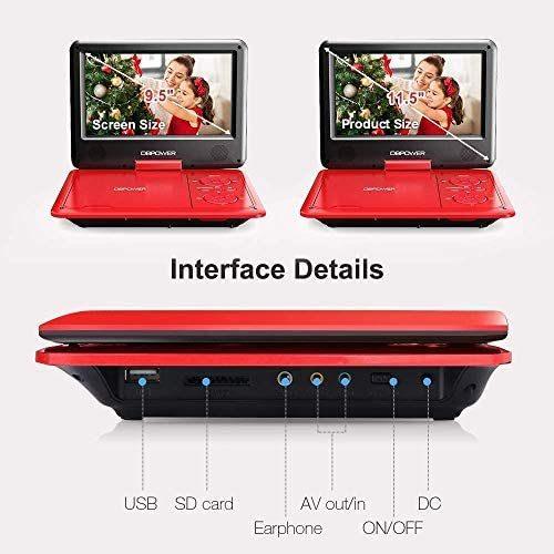 DBPOWER 11.5" Portable DVD Player;  5-Hour Built-in Rechargeable Battery;  9" Swivel Screen;  Support CD/DVD/SD Card/USB;  Remote Control;  1.8 Meter Car Charger;  Power Adaptor and Car Headrest (Red)