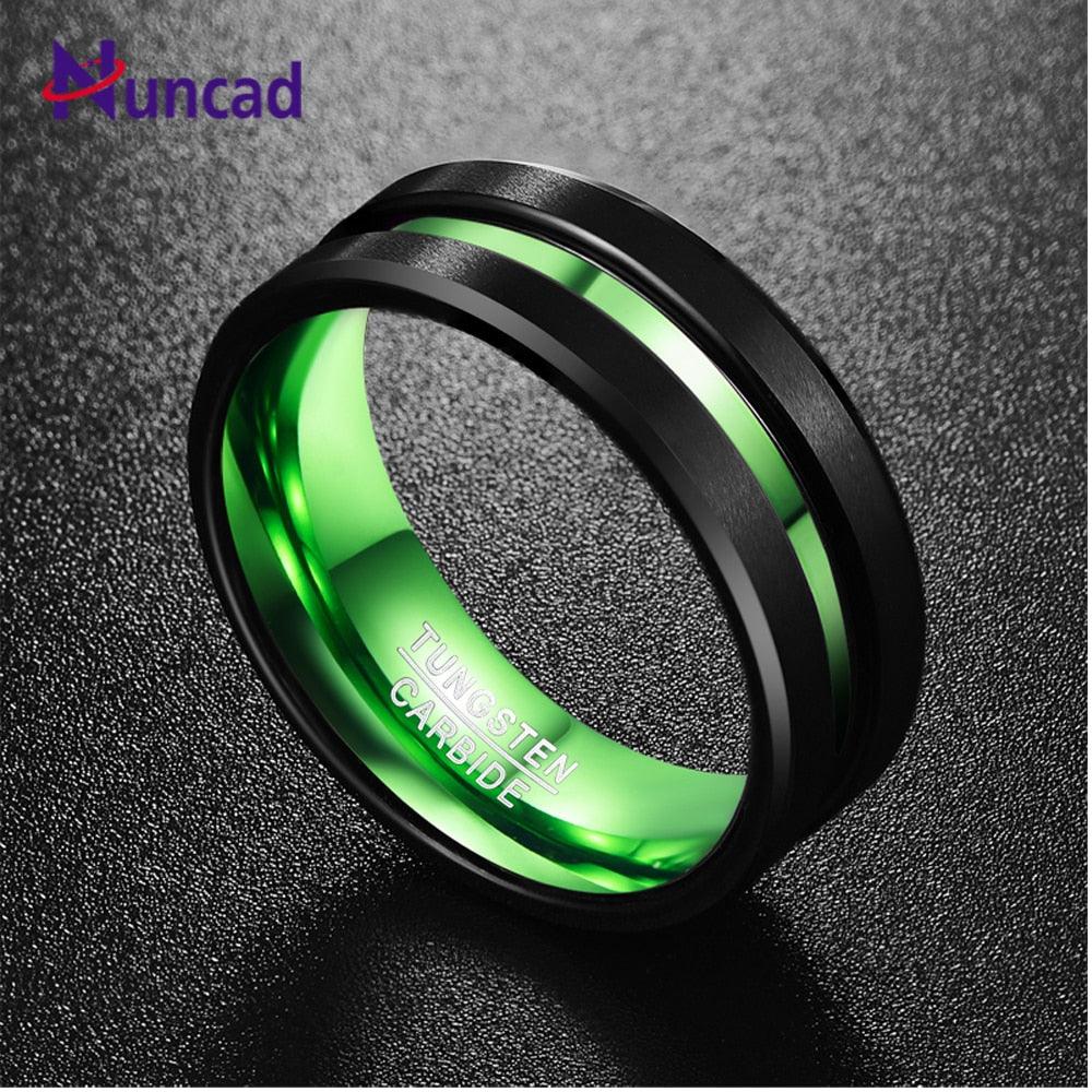 NUNCAD Men's Black Matte Finish Tungsten Carbide Ring Green Center Groove Polished Beveled Edges Comfort Fit Size 6-16  hot sell