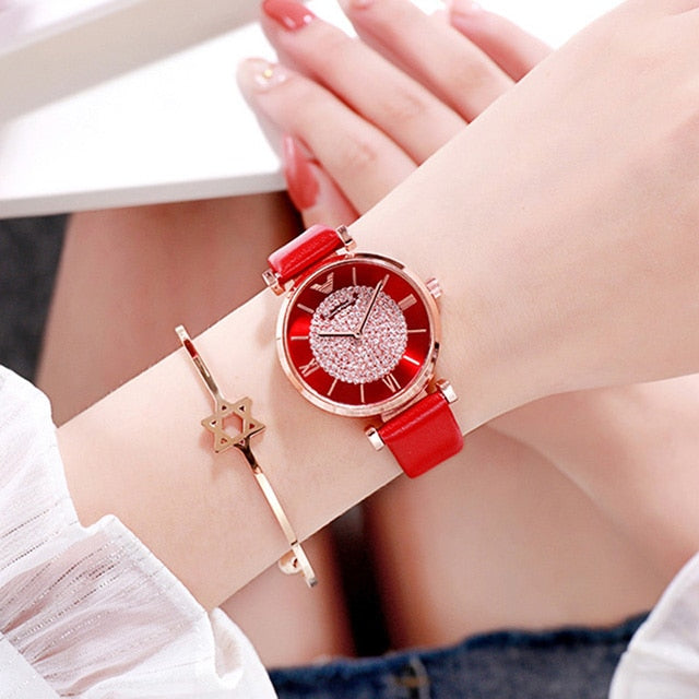 Luxury Diamond Women Watches 2019 Rose Gold Magnetic Ladies Wrist For Bracelet Watch Female Clock Relogio Feminino - leather red