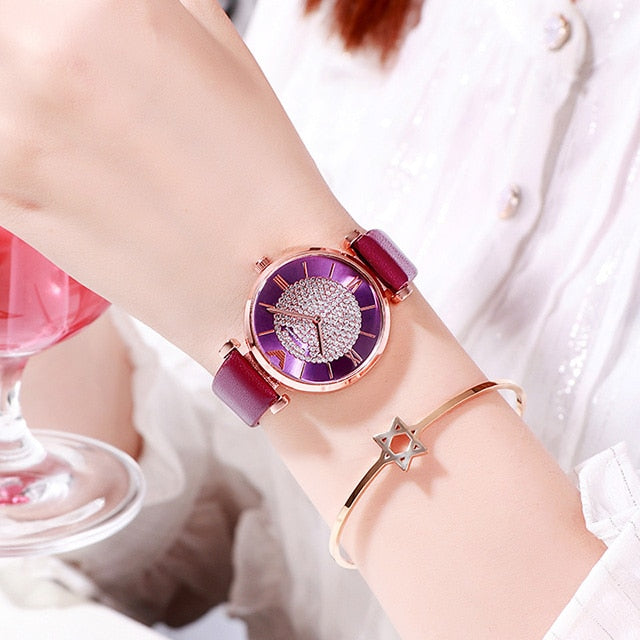 Luxury Diamond Women Watches 2019 Rose Gold Magnetic Ladies Wrist For Bracelet Watch Female Clock Relogio Feminino - leather purple