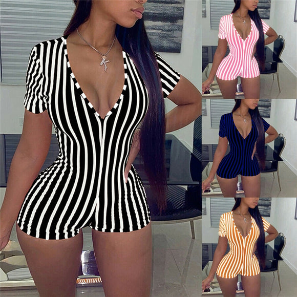 2020 Sexy Women Deep V-neck Bodycon Jumpsuit Romper Sleepwear Short Sleeve Striped Summer Bodysuit Leotard - Jumpsuits Sleeveless