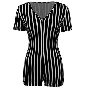 2020 Sexy Women Deep V-neck Bodycon Jumpsuit Romper Sleepwear Short Sleeve Striped Summer Bodysuit Leotard - Jumpsuits Sleeveless