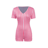2020 Sexy Women Deep V-neck Bodycon Jumpsuit Romper Sleepwear Short Sleeve Striped Summer Bodysuit Leotard - Pink / S - Jumpsuits Sleeveless