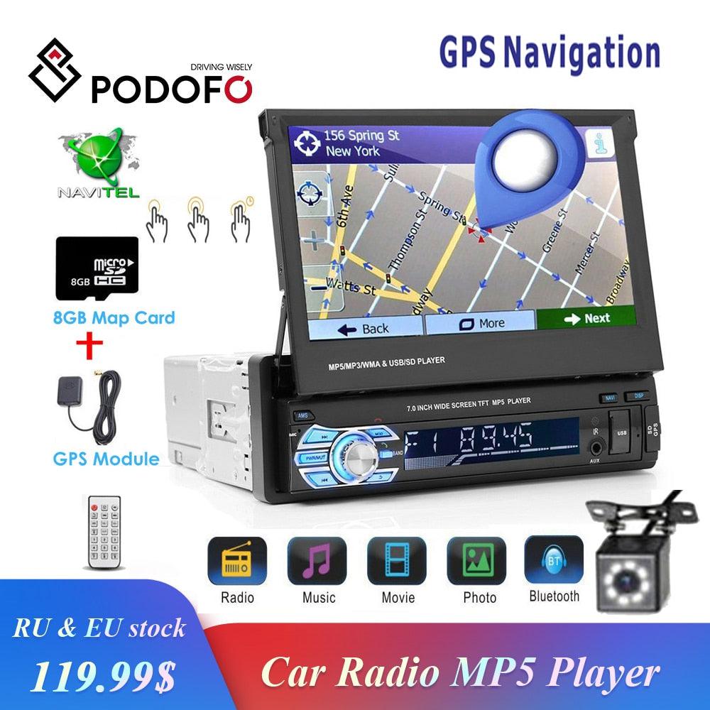 Podofo 1din Car Radio GPS Navigation 7" HD Retractable Screen MP5 Player Bluetooth Stereo Mirror Link Autoradio Rear View Camera