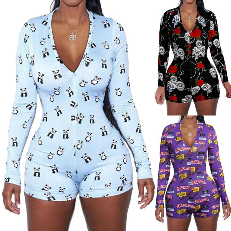 2020 Sexy Women Deep V-neck Bodycon Sleepwear Jumpsuit Button Bodysuit Shorts Romper Floral Leotard Long Sleeve Print Tracksuit