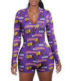 2020 Sexy Women Deep V-neck Bodycon Sleepwear Jumpsuit Button Bodysuit Shorts Romper Floral Leotard Long Sleeve Print Tracksuit - Purple / S