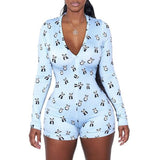 2020 Sexy Women Deep V-neck Bodycon Sleepwear Jumpsuit Button Bodysuit Shorts Romper Floral Leotard Long Sleeve Print Tracksuit - Blue / XXL
