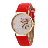 MINHIN New Arrival Rose Pattern Watches For Women Hot Selling PU Leather Wrist Gift Fashion Casual Students Watch - 9188 red