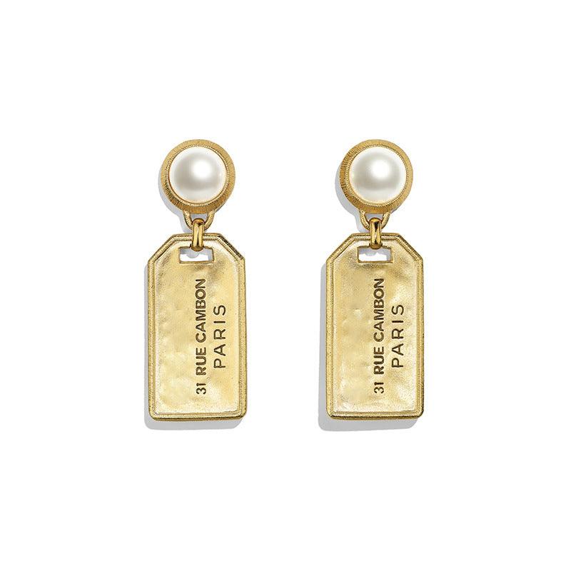 Europe Hot Sell New Style Fashion Creative Gold-Plated Finishes Square Tag Brass Earrings Retro Valentines day Gifts for girls