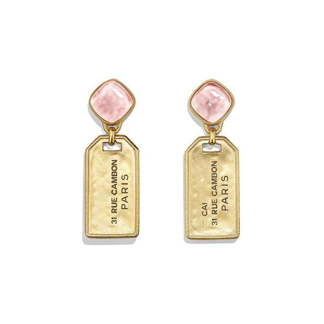 Europe Hot Sell New Style Fashion Creative Gold-Plated Finishes Square Tag Brass Earrings Retro Valentines day Gifts for girls - DRE's Electronics and Fine Jewelry