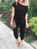 Plus Size S-3XL Summer Sexy Off Shoulder Short Sleeve Jumpsuits Solid Casual Slim Overalls For Women Long Romper Female Mujer - 100251 Black