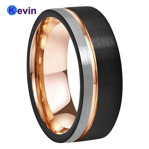 Mens Womens Wedding Band Tungsten Carbide Ring Black Rose Gold With Offset Groove And Brush Finish - Men Rings