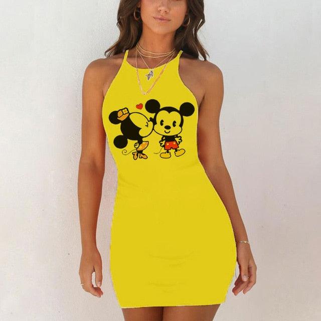 Kawaii Mouse Print Summer Sexy Clothes Women Dresses Backless Night Dress 2020 Bodycon Evening Party O-Neck Mini Yellow Vestidos - DRE's Electronics and Fine Jewelry