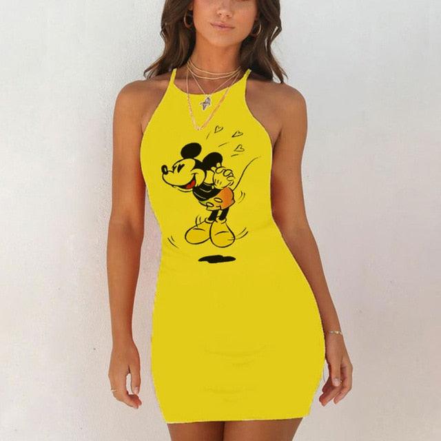 Kawaii Mouse Print Summer Sexy Clothes Women Dresses Backless Night Dress 2020 Bodycon Evening Party O-Neck Mini Yellow Vestidos