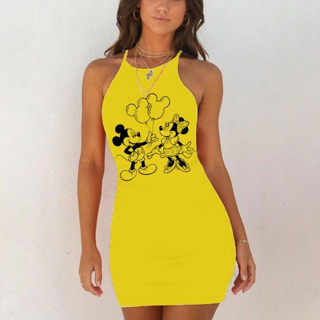 Kawaii Mouse Print Summer Sexy Clothes Women Dresses Backless Night Dress 2020 Bodycon Evening Party O-Neck Mini Yellow Vestidos - DRE's Electronics and Fine Jewelry