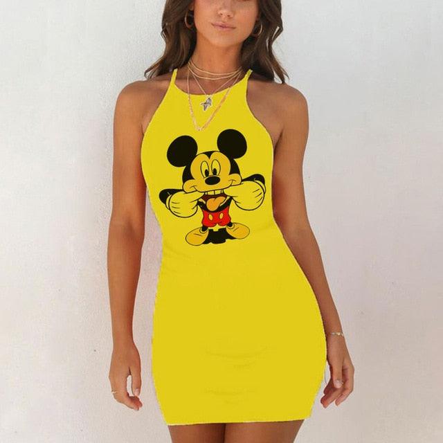 Kawaii Mouse Print Summer Sexy Clothes Women Dresses Backless Night Dress 2020 Bodycon Evening Party O-Neck Mini Yellow Vestidos - DRE's Electronics and Fine Jewelry