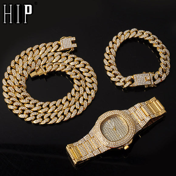 Necklace +Watch+Bracelet 3pcs kit Hip Hop Miami Curb Cuban Chain Gold Full Iced Out Paved Rhinestones CZ Bling For Men Jewelry - Bracelets