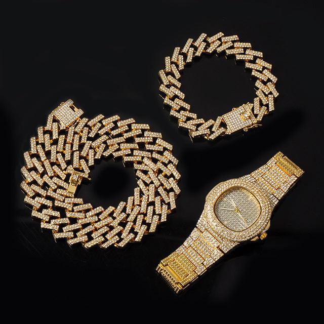 Necklace +Watch+Bracelet 3pcs kit Hip Hop Miami Curb Cuban Chain Gold Full Iced Out Paved Rhinestones CZ Bling For Men Jewelry - DRE's Electronics and Fine Jewelry