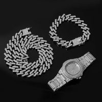 Necklace +Watch+Bracelet 3pcs kit Hip Hop Miami Curb Cuban Chain Gold Full Iced Out Paved Rhinestones CZ Bling For Men Jewelry - DRE's Electronics and Fine Jewelry