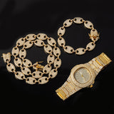 Necklace +Watch+Bracelet 3pcs kit Hip Hop Miami Curb Cuban Chain Gold Full Iced Out Paved Rhinestones CZ Bling For Men Jewelry - 3 - 