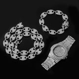 Necklace +Watch+Bracelet 3pcs kit Hip Hop Miami Curb Cuban Chain Gold Full Iced Out Paved Rhinestones CZ Bling For Men Jewelry - 4 - 
