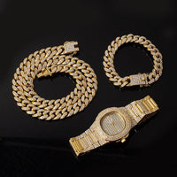 Necklace +Watch+Bracelet 3pcs kit Hip Hop Miami Curb Cuban Chain Gold Full Iced Out Paved Rhinestones CZ Bling For Men Jewelry - DRE's Electronics and Fine Jewelry