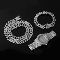 Necklace +Watch+Bracelet 3pcs kit Hip Hop Miami Curb Cuban Chain Gold Full Iced Out Paved Rhinestones CZ Bling For Men Jewelry - DRE's Electronics and Fine Jewelry