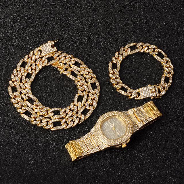 Necklace +Watch+Bracelet 3pcs kit Hip Hop Miami Curb Cuban Chain Gold Full Iced Out Paved Rhinestones CZ Bling For Men Jewelry - DRE's Electronics and Fine Jewelry